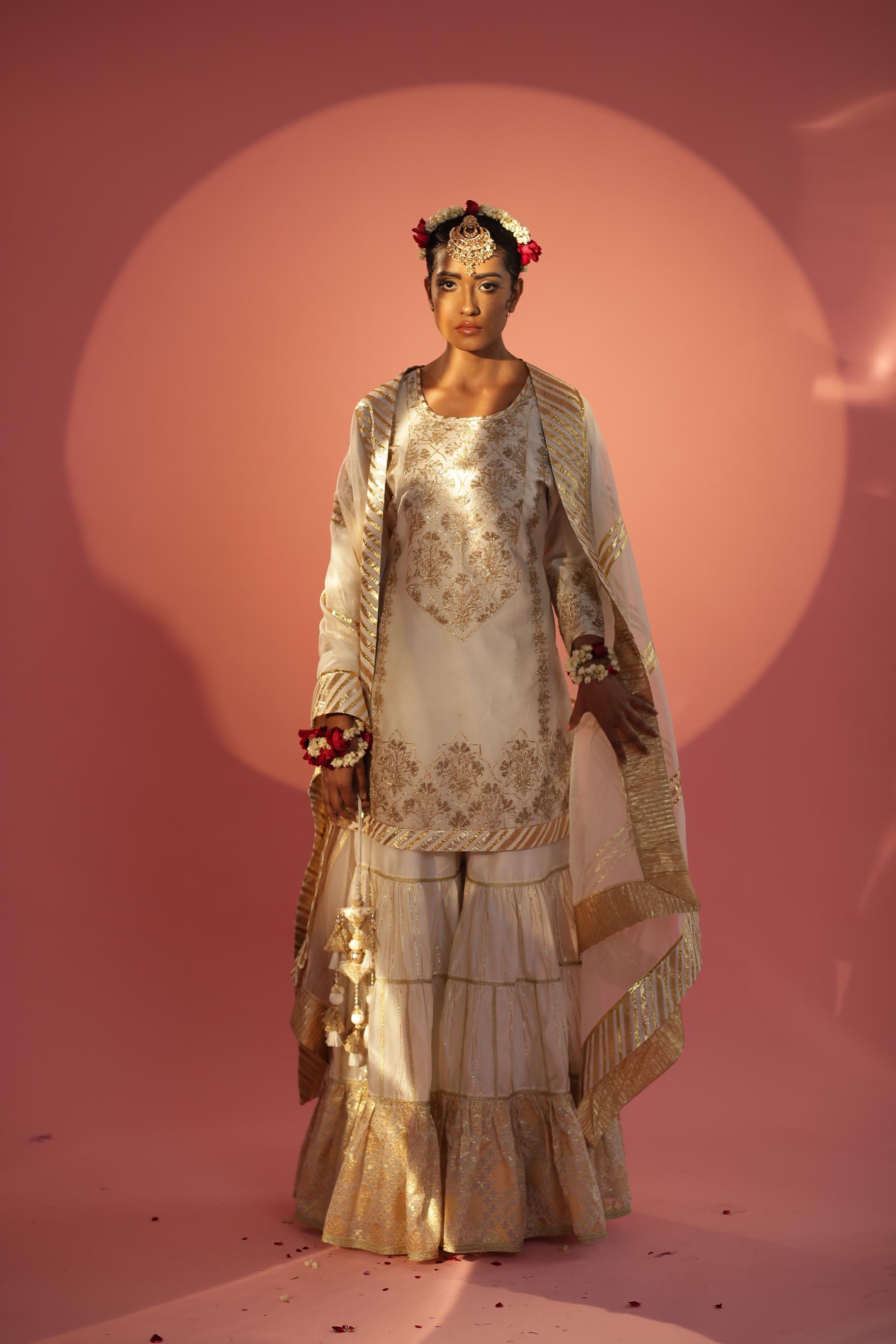 Off White Short Shirt with 3 Layers Gharara Set