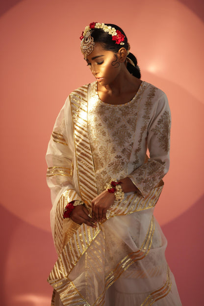 Off White Short Shirt with 3 Layers Gharara Set