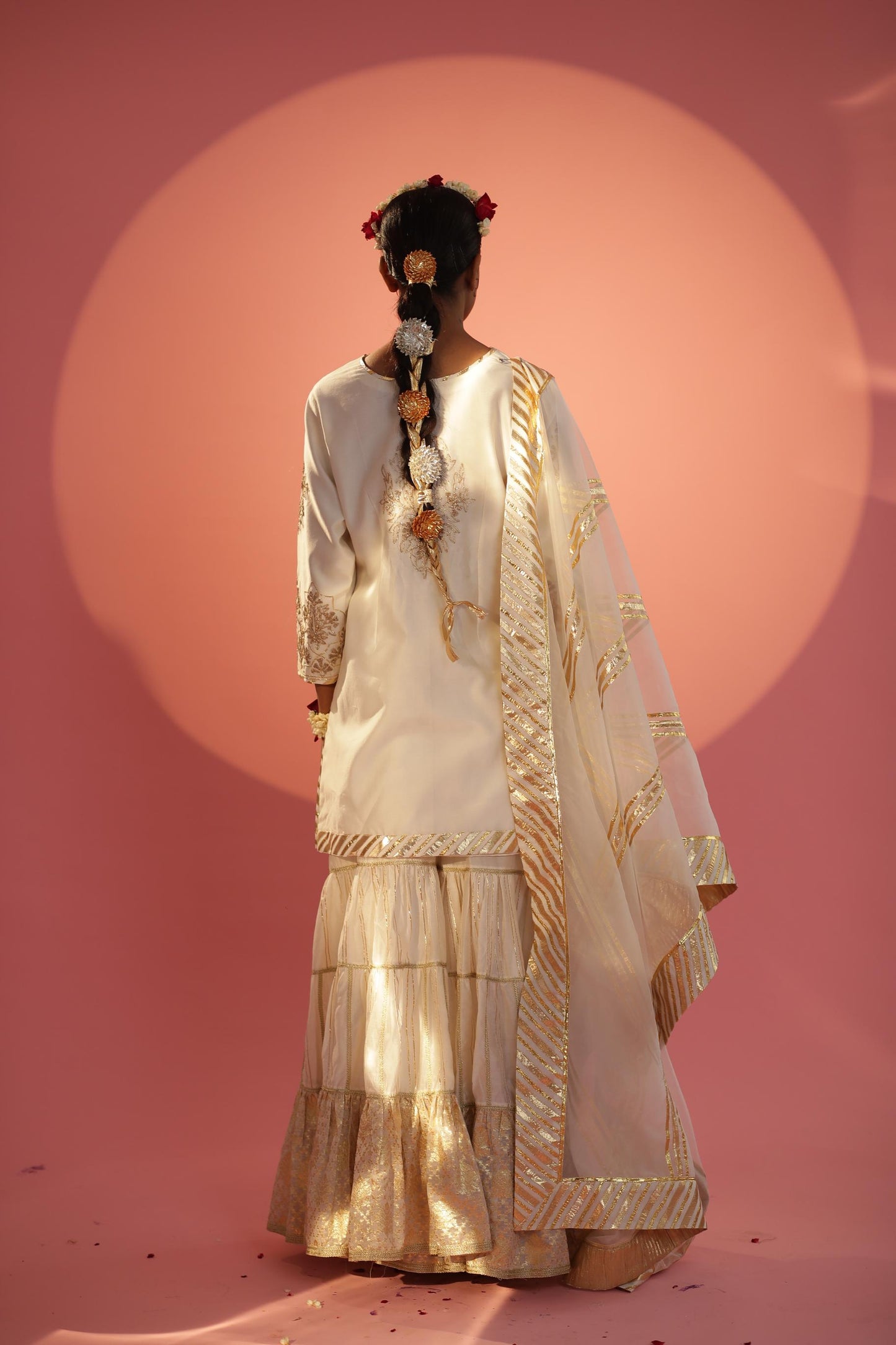 Off White Short Shirt with 3 Layers Gharara Set