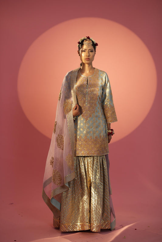 Power Blue Short Shirt with Gharara Set