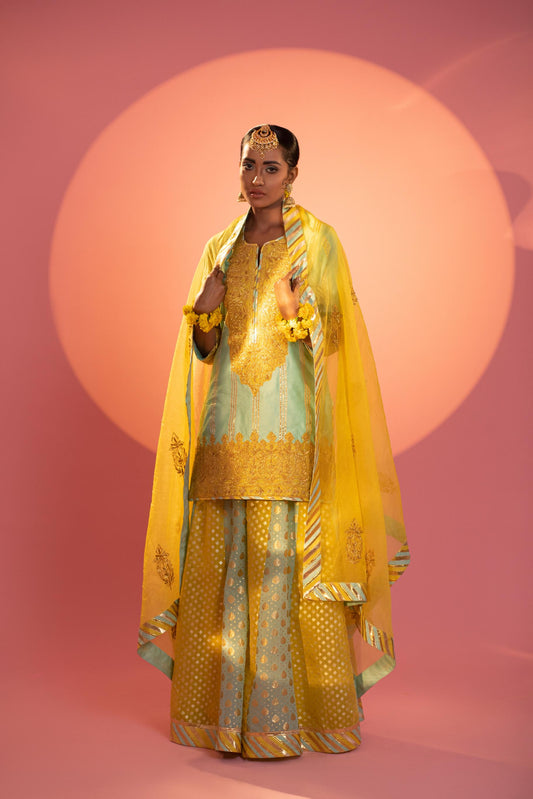 Sea Green and Yellow Short Shirt with Sharara