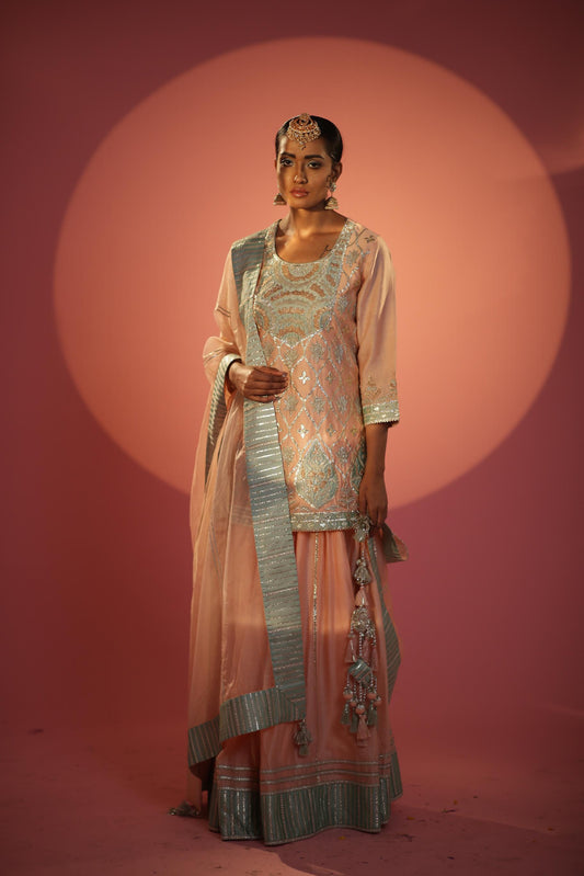 Peach and Sea Green Short Shirt with Sharara