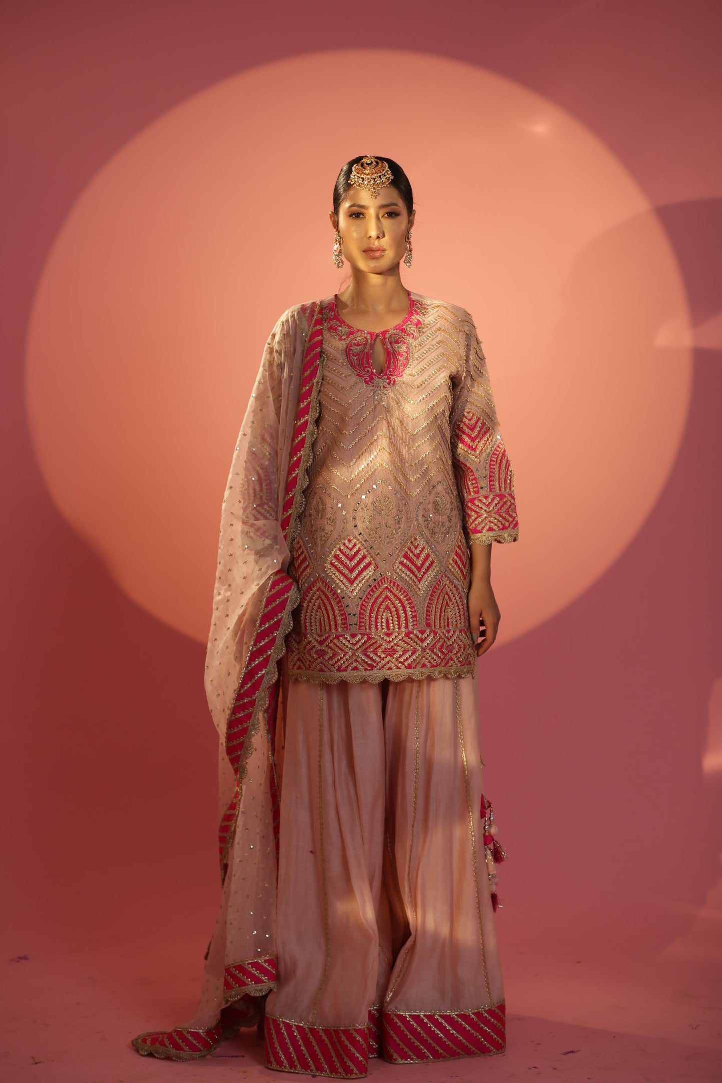 Peach and Magenta Short Shirt with Sharara Set