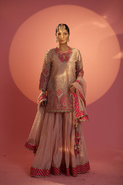 Peach and Magenta Short Shirt with Sharara Set