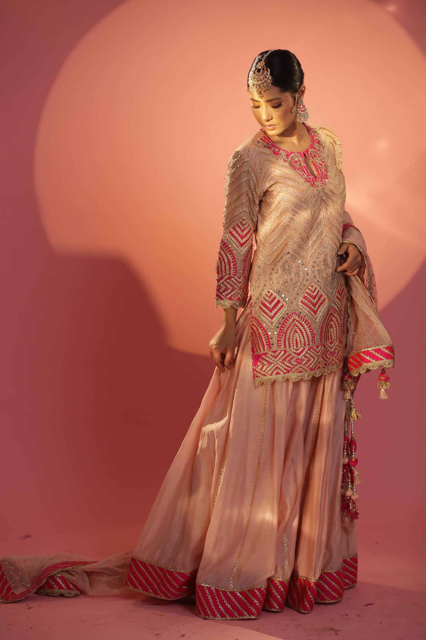 Peach and Magenta Short Shirt with Sharara Set