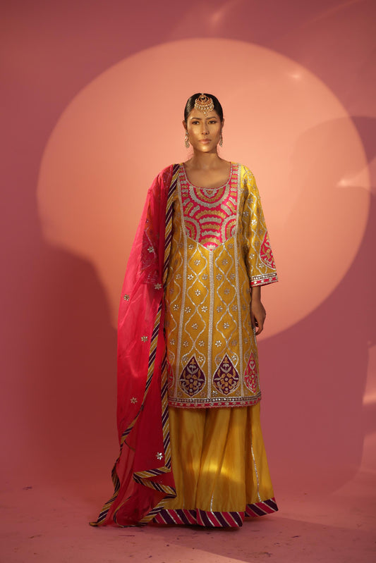 Yellow Long Suit With Sharara Set