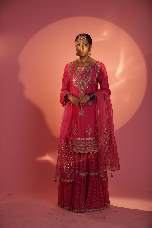 Megenta Long Shirt With Two Layers Gharara