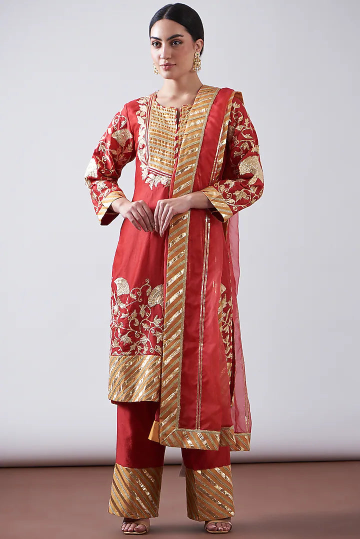Red Silk Chanderi Embroidered Kurta Set