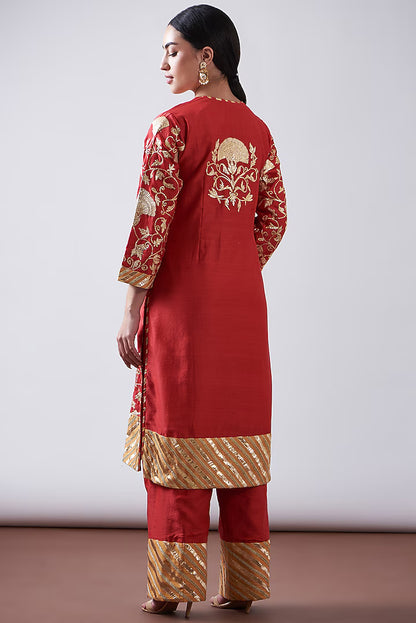 Red Silk Chanderi Embroidered Kurta Set