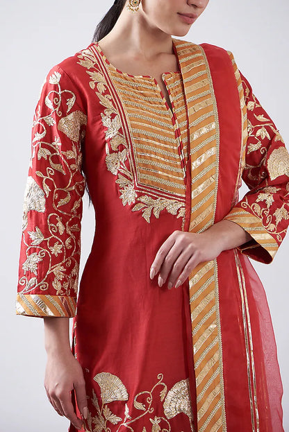 Red Silk Chanderi Embroidered Kurta Set