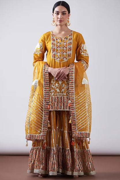 Yellow Chanderi Printed & Embroidered Gharara Set