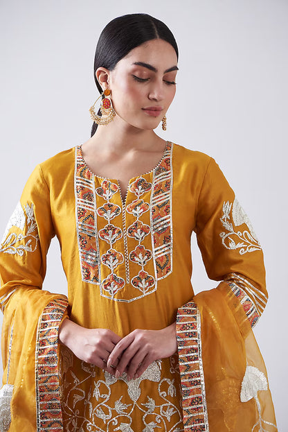 Yellow Chanderi Printed & Embroidered Gharara Set