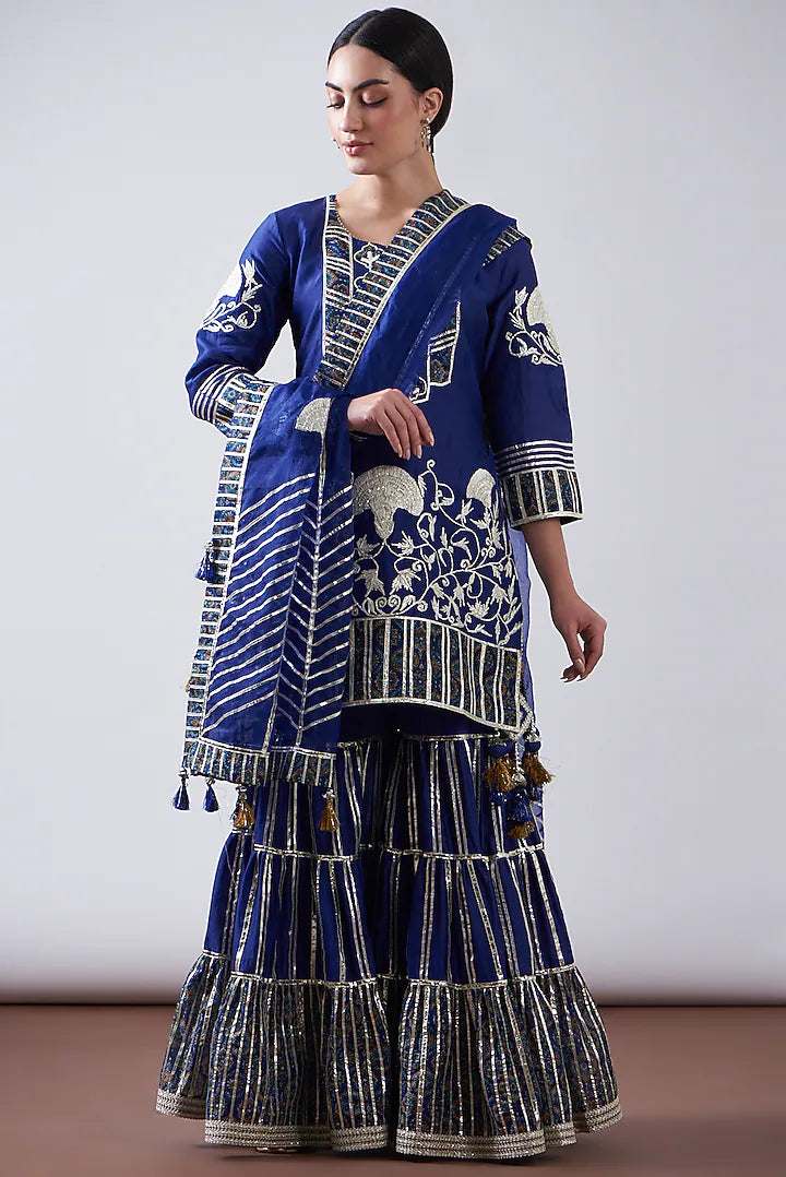 Blue Chanderi Printed & Embroidered Gharara Set