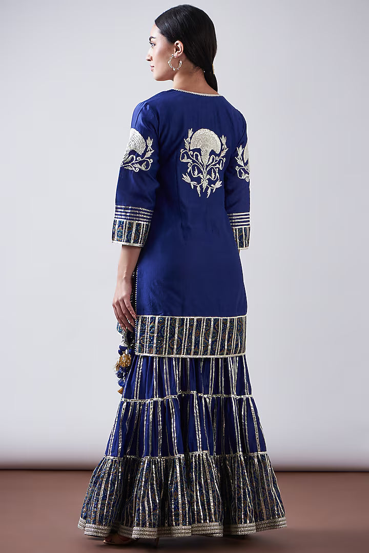 Blue Chanderi Printed & Embroidered Gharara Set