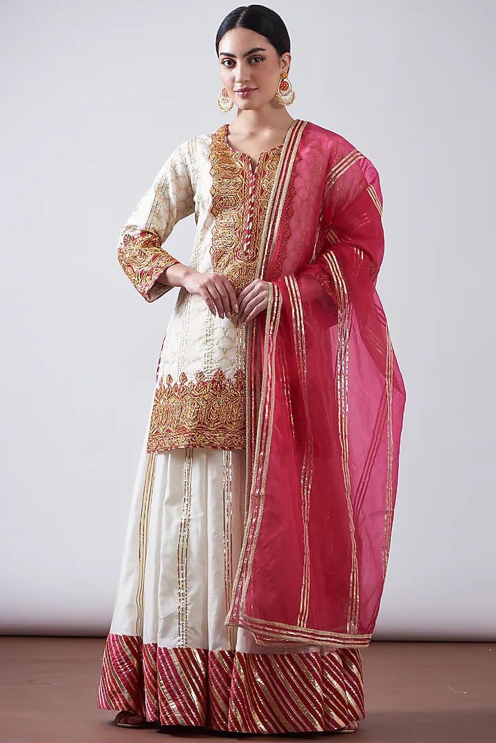 Red & White Chanderi Sharara Set