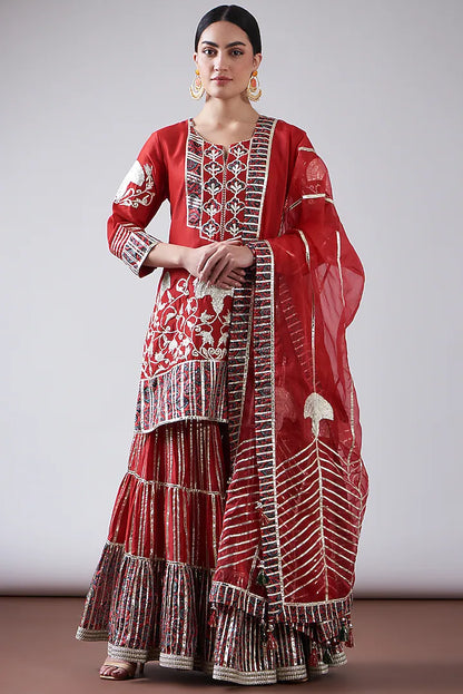 Red Chanderi Printed & Embroidered Gharara Set