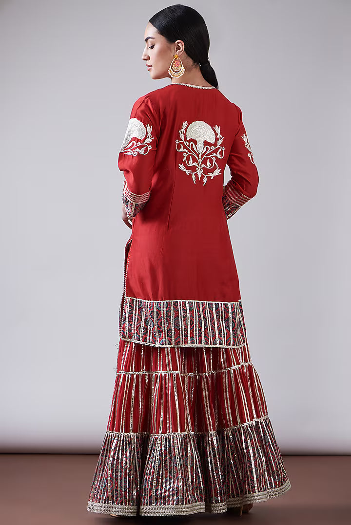 Red Chanderi Printed & Embroidered Gharara Set