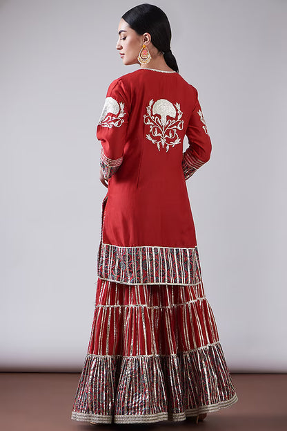 Red Chanderi Printed & Embroidered Gharara Set