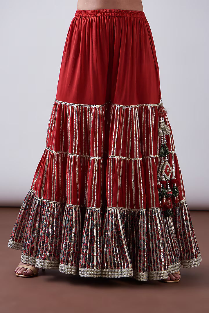 Red Chanderi Printed & Embroidered Gharara Set
