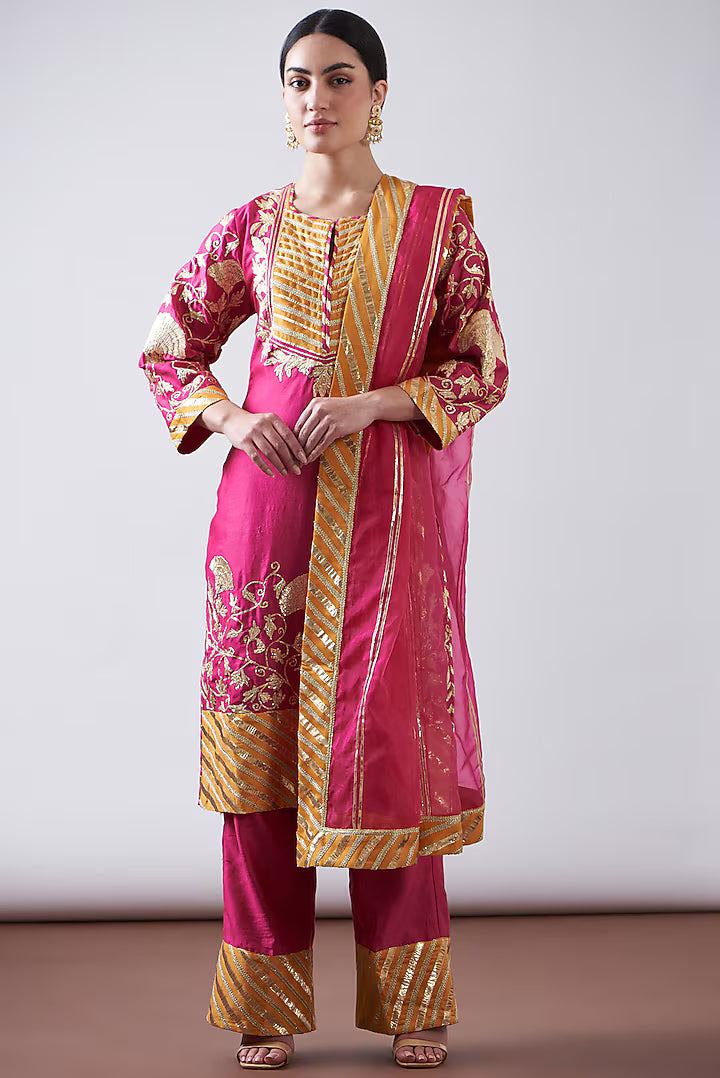 Pink Silk Chanderi Embroidered Kurta Set