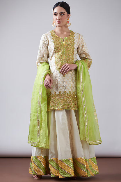 Peach & Green Pure Chanderi Sharara Set