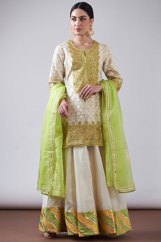 Peach & Green Pure Chanderi Sharara Set