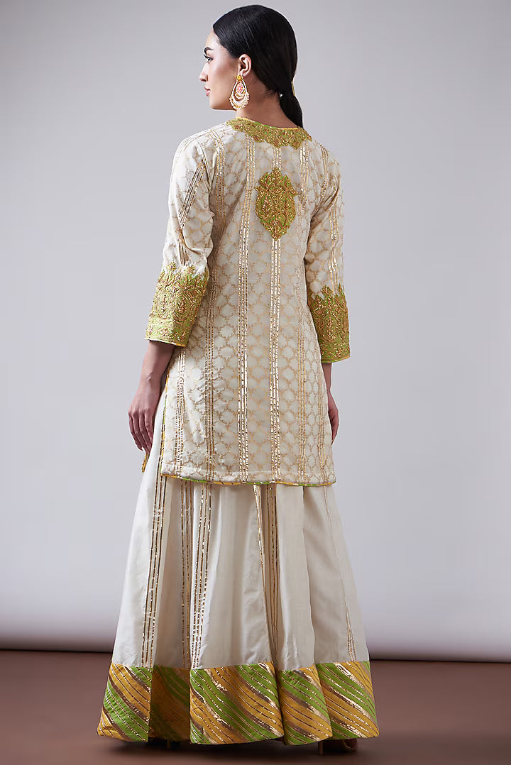 Peach & Green Pure Chanderi Sharara Set