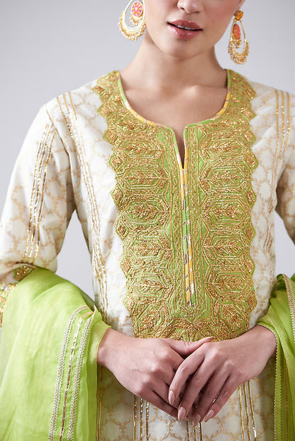 Peach & Green Pure Chanderi Sharara Set