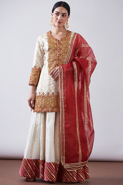 Red & White Pure Chanderi Sharara Set