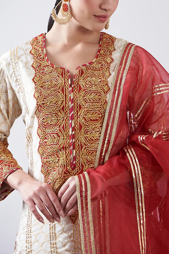 Red & White Pure Chanderi Sharara Set