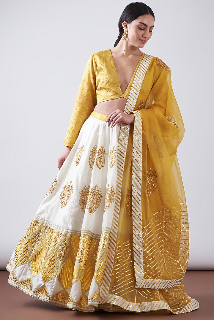 White & Yellow Pure Chanderi Silk Gota Work Lehenga Set