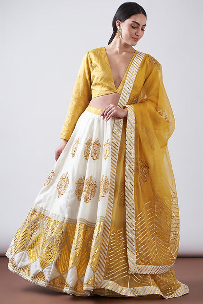 White & Yellow Pure Chanderi Silk Gota Work Lehenga Set