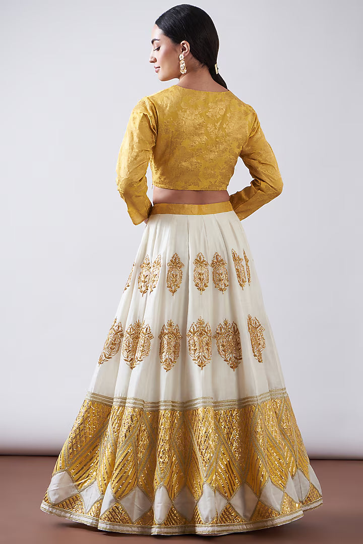 White & Yellow Pure Chanderi Silk Gota Work Lehenga Set
