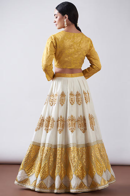 White & Yellow Pure Chanderi Silk Gota Work Lehenga Set