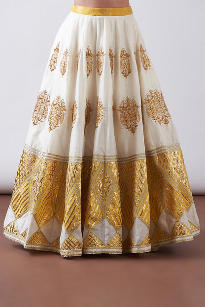 White & Yellow Pure Chanderi Silk Gota Work Lehenga Set