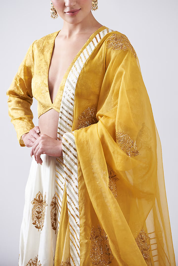 White & Yellow Pure Chanderi Silk Gota Work Lehenga Set