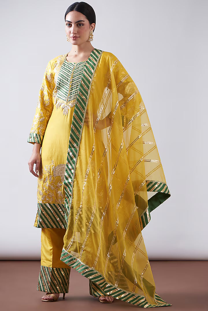 Yellow Silk Chanderi Embroidered Kurta Set