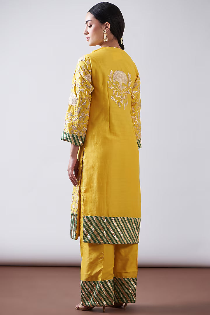 Yellow Silk Chanderi Embroidered Kurta Set