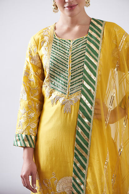 Yellow Silk Chanderi Embroidered Kurta Set