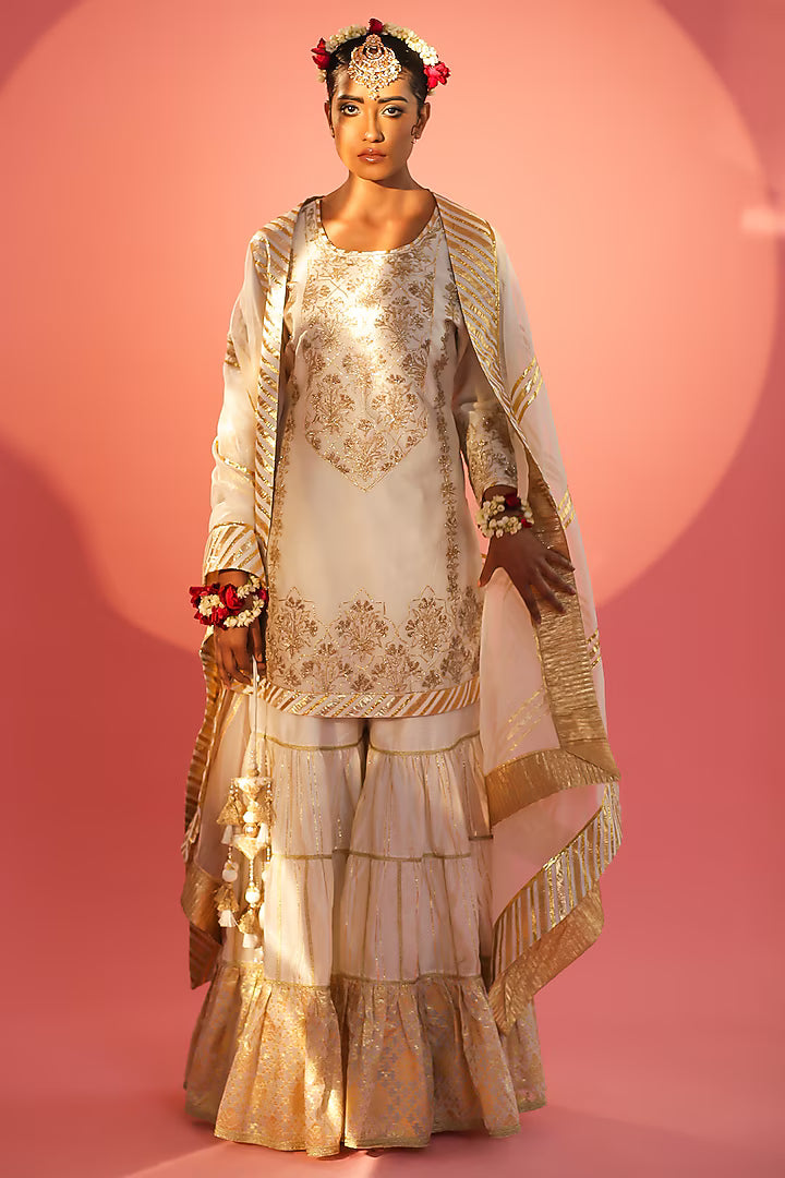 Off-White Banarasi Layered Gharara Set