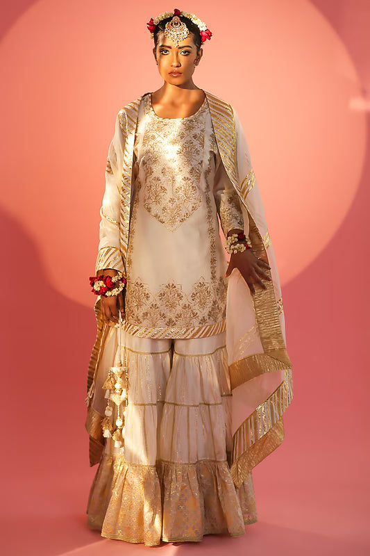 Off-White Banarasi Layered Gharara Set