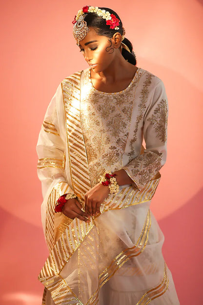 Off-White Banarasi Layered Gharara Set