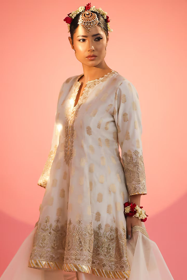 Off-White Banarasi Embroidered Anarkali Set