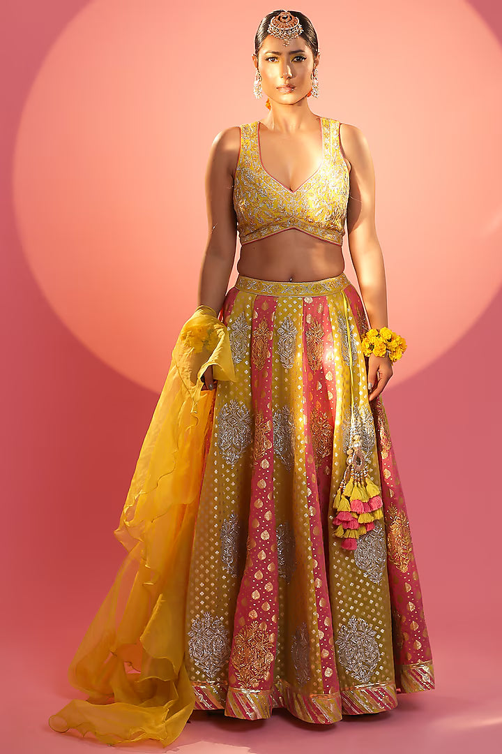 Yellow & Carrot Banarasi Embroidered Lehenga Set