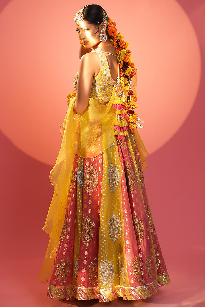 Yellow & Carrot Banarasi Embroidered Lehenga Set