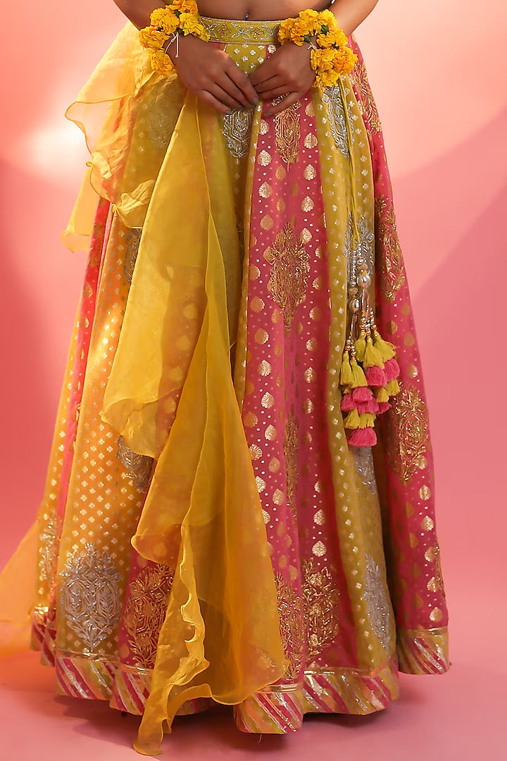 Yellow & Carrot Banarasi Embroidered Lehenga Set