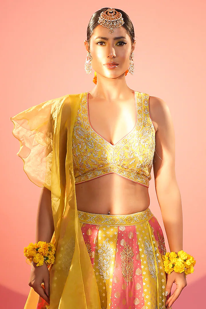 Yellow & Carrot Banarasi Embroidered Lehenga Set