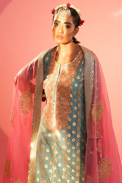 Powder Blue Banarasi Embroidered Kurta Set