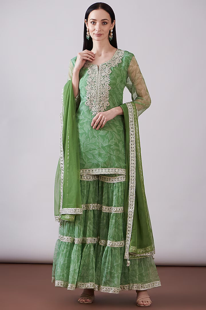 Green Georgette Viscose Printed & Embroidered Gharara Set