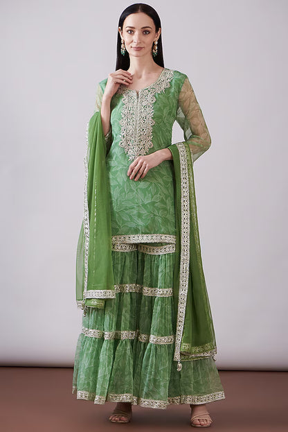 Green Georgette Viscose Printed & Embroidered Gharara Set